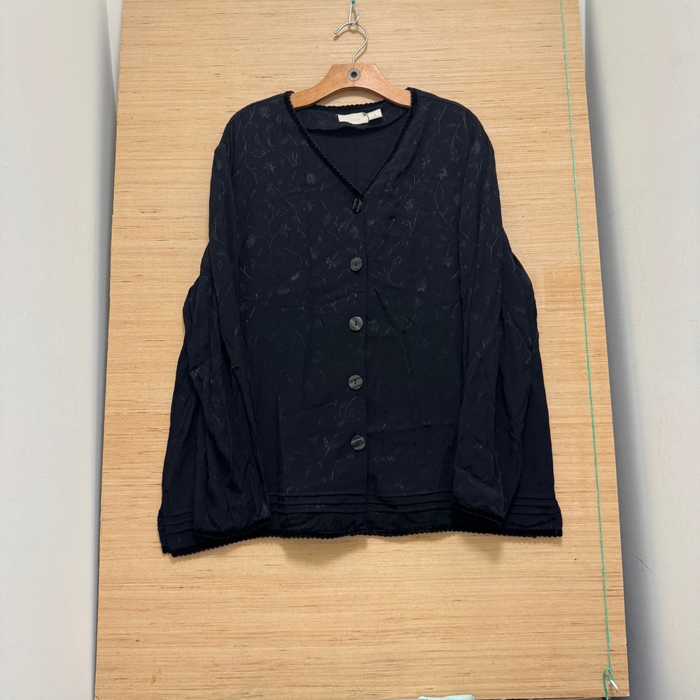 J Jill Black Floral Jacquard Rayon Button Front Blouse Lace‎ Trim XL